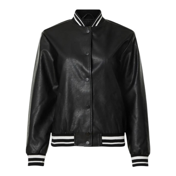 Slate & Willow Varsity Bomber Jacket in Black Faux Leather Size Small - Picture 1 of 11